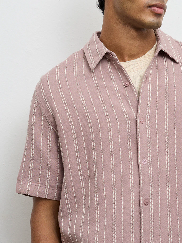 ETA Dusty Pink Stripe Embroidered Relaxed-Fit Cotton Shirt - Image 4
