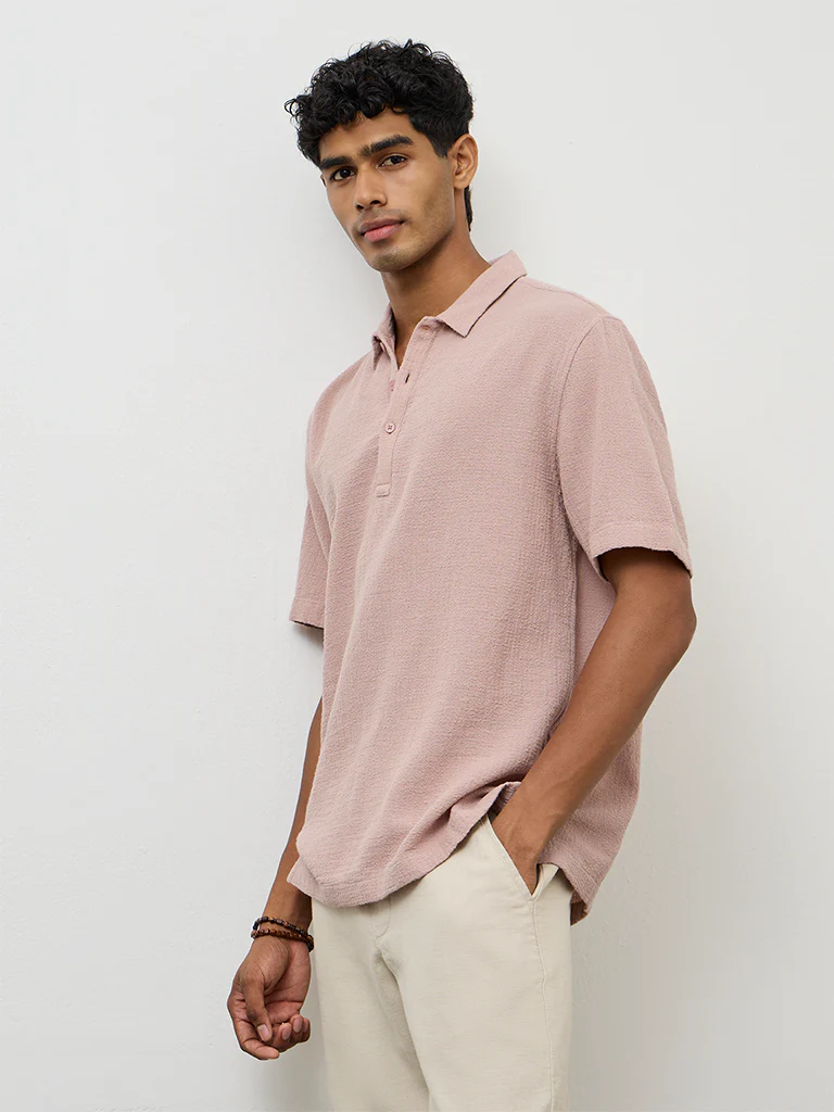 ETA Dusty Pink Textured Relaxed-Fit Cotton Polo T-Shirt - Image 3