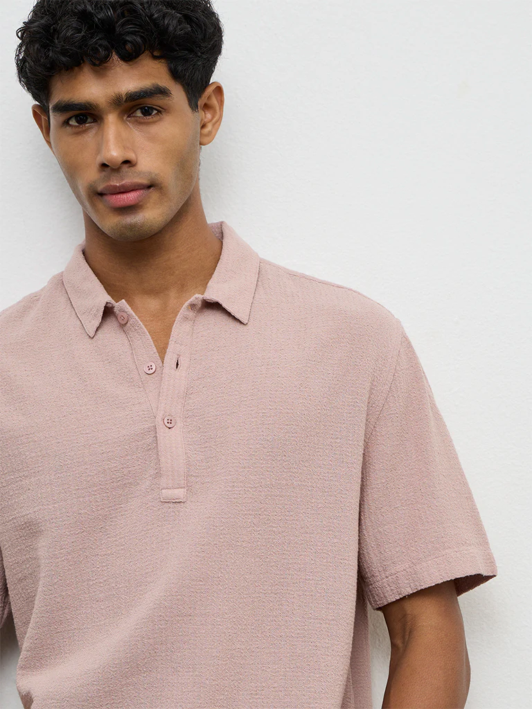 ETA Dusty Pink Textured Relaxed-Fit Cotton Polo T-Shirt - Image 4