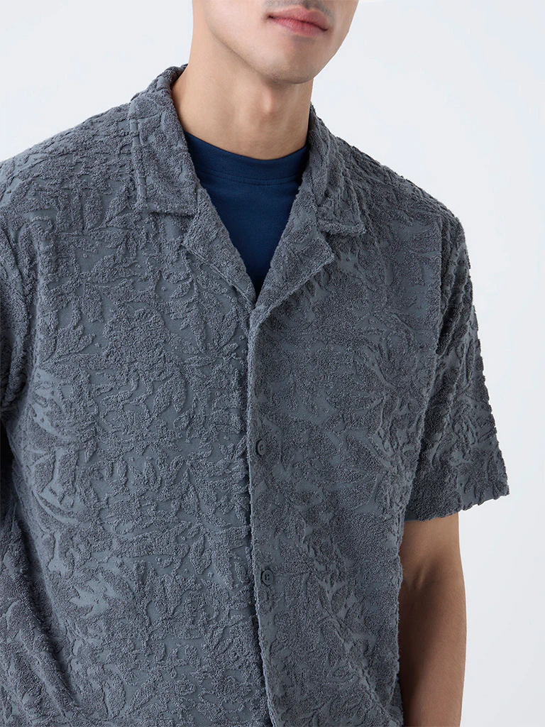 ETA Grey Floral Textured Relaxed-Fit Cotton-Blend Shirt - Image 4