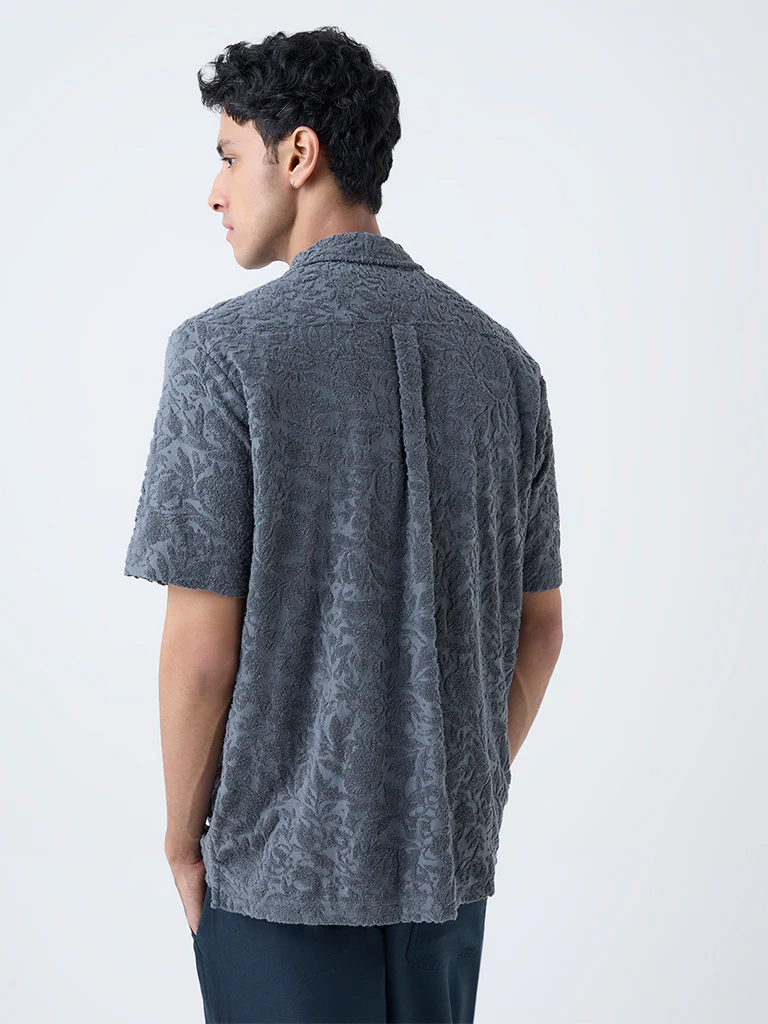 ETA Grey Floral Textured Relaxed-Fit Cotton-Blend Shirt - Image 5