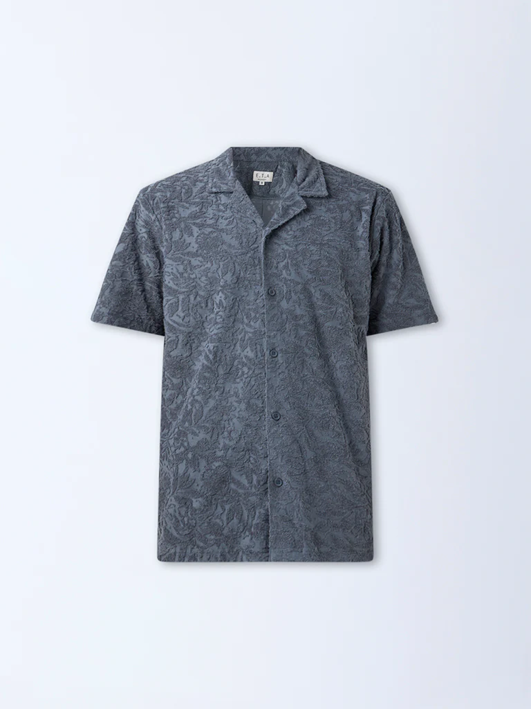 ETA Grey Floral Textured Relaxed-Fit Cotton-Blend Shirt - Image 6
