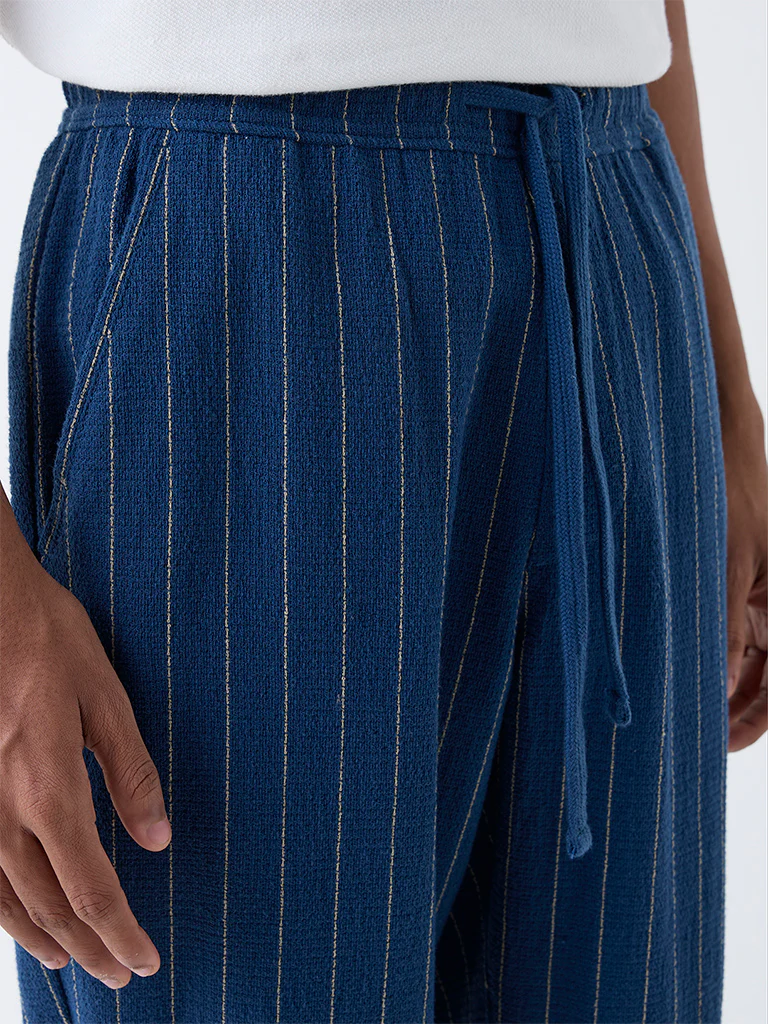 ETA Indigo Pinstriped Relaxed-Fit Mid-Rise Cotton Trousers - Image 4