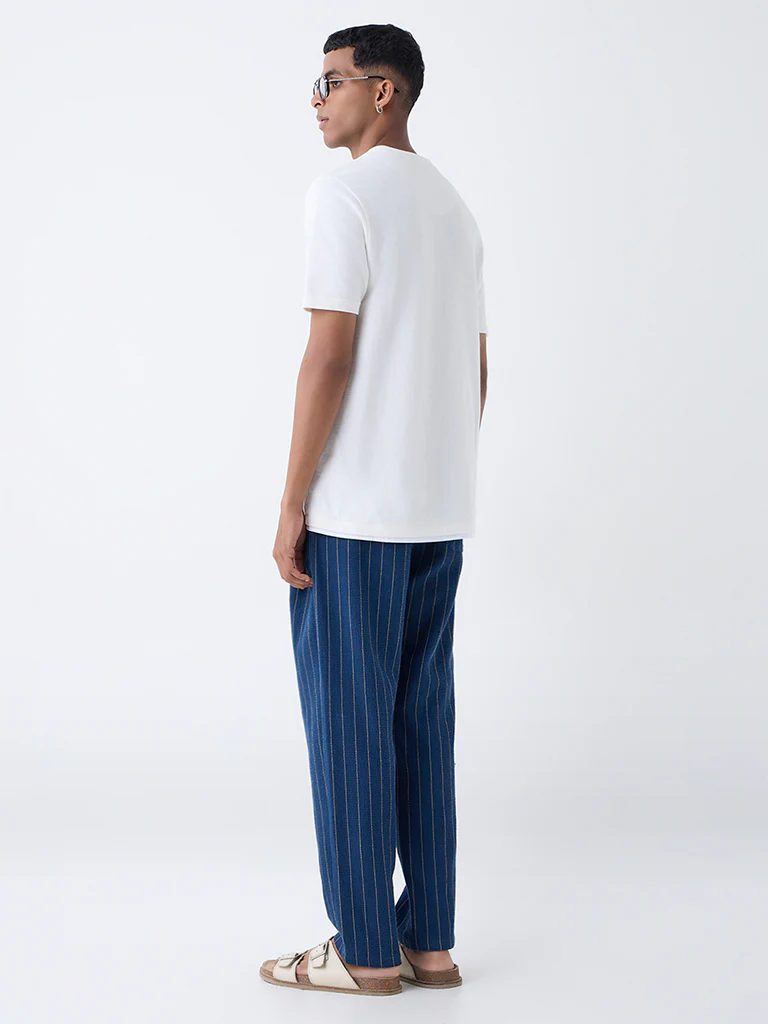 ETA Indigo Pinstriped Relaxed-Fit Mid-Rise Cotton Trousers - Image 5
