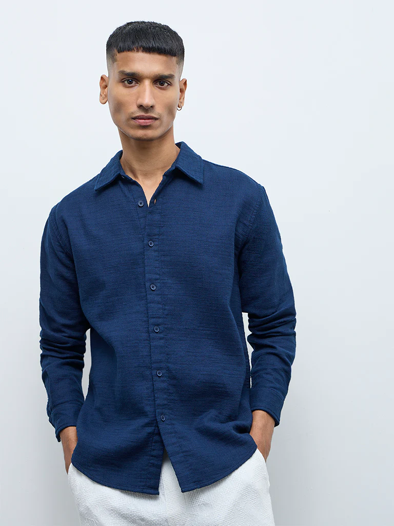 ETA Indigo Solid Relaxed-Fit Cotton Shirt