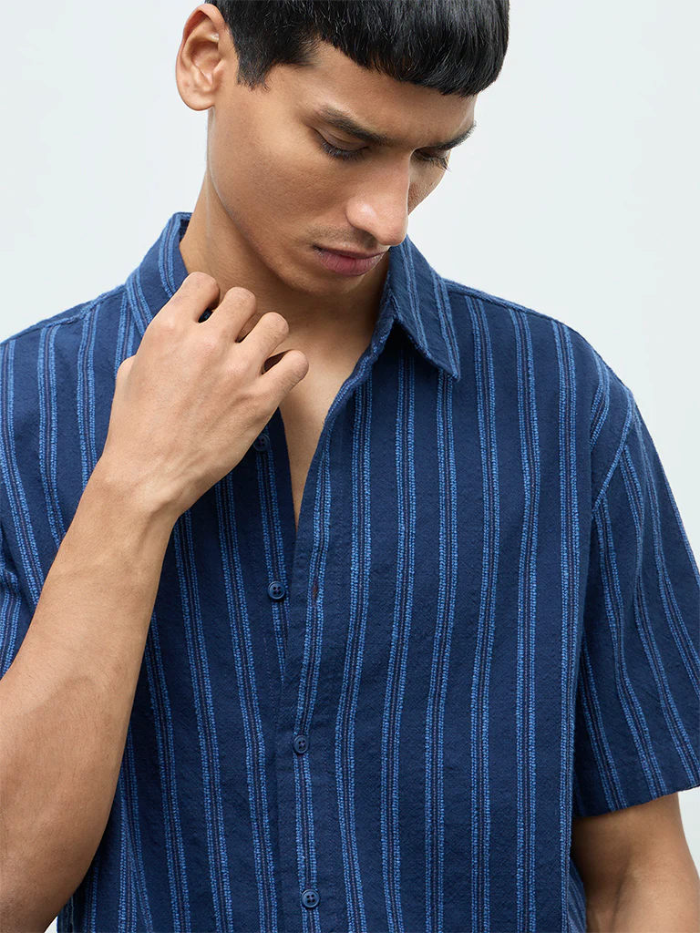 ETA Indigo Striped Printed Relaxed-Fit Cotton-Blend Shirt - Image 3