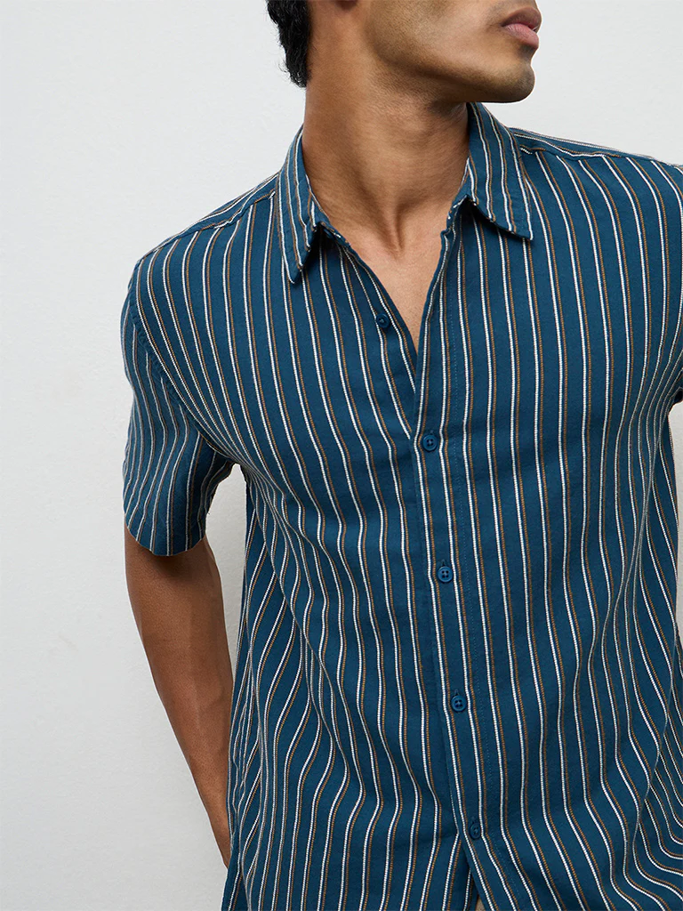 ETA Indigo Striped Relaxed-Fit Cotton Shirt - Image 3