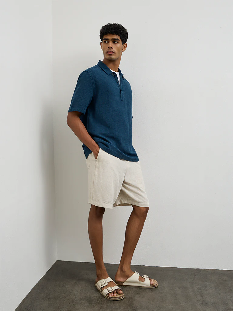 ETA Indigo Textured Relaxed-Fit Cotton Polo T-Shirt - Image 3