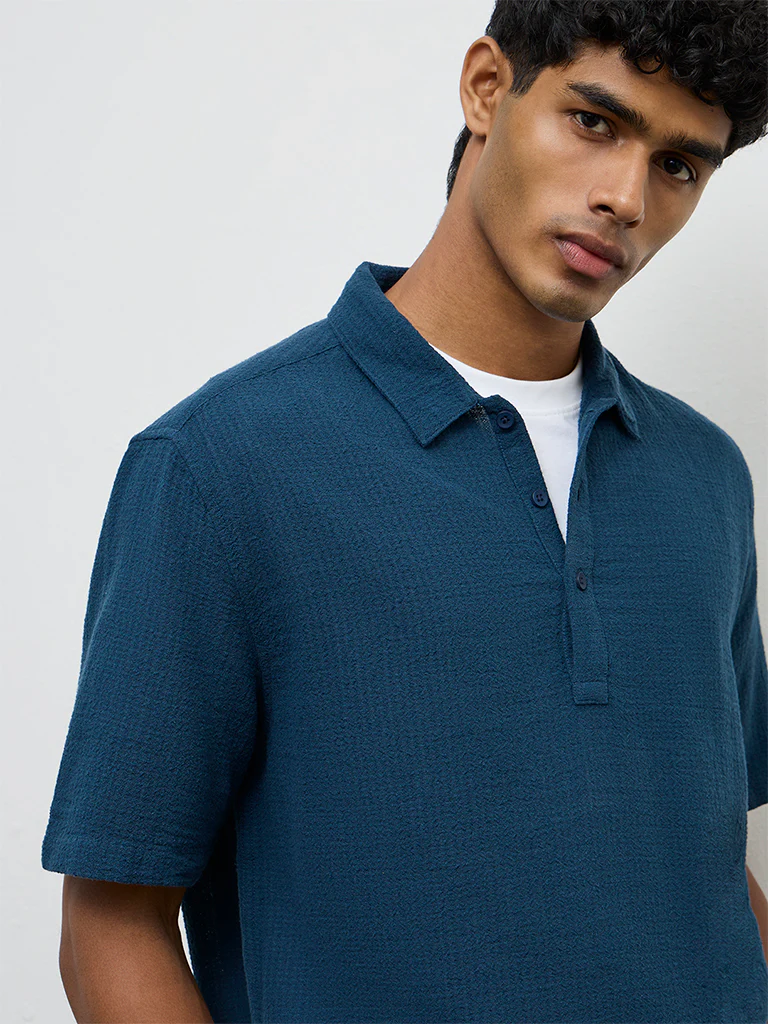 ETA Indigo Textured Relaxed-Fit Cotton Polo T-Shirt - Image 4