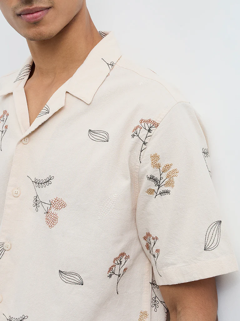 ETA Light Beige Floral Detailed Relaxed-Fit Cotton-Blend Shirt - Image 3