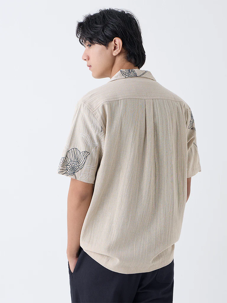 ETA Light Beige Floral Embroidered Relaxed-Fit Cotton Shirt - Image 4
