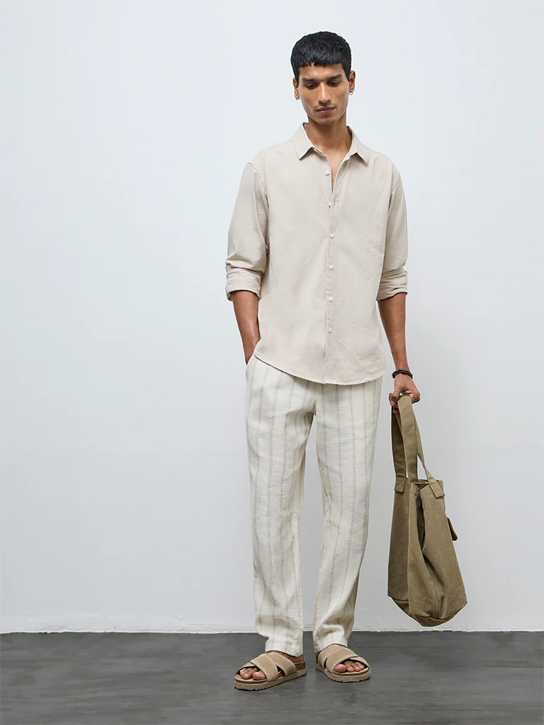 ETA Light Beige Solid Relaxed-Fit Cotton Shirt