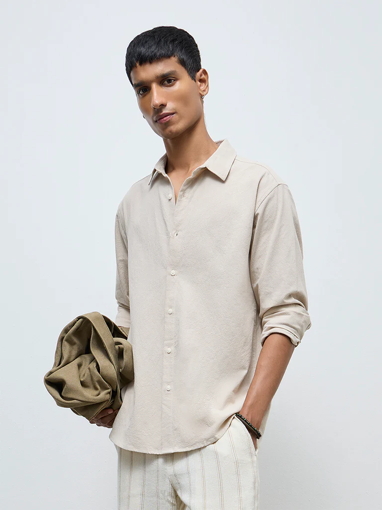 ETA Light Beige Solid Relaxed-Fit Cotton Shirt - Image 3