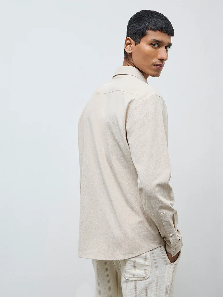 ETA Light Beige Solid Relaxed-Fit Cotton Shirt - Image 5