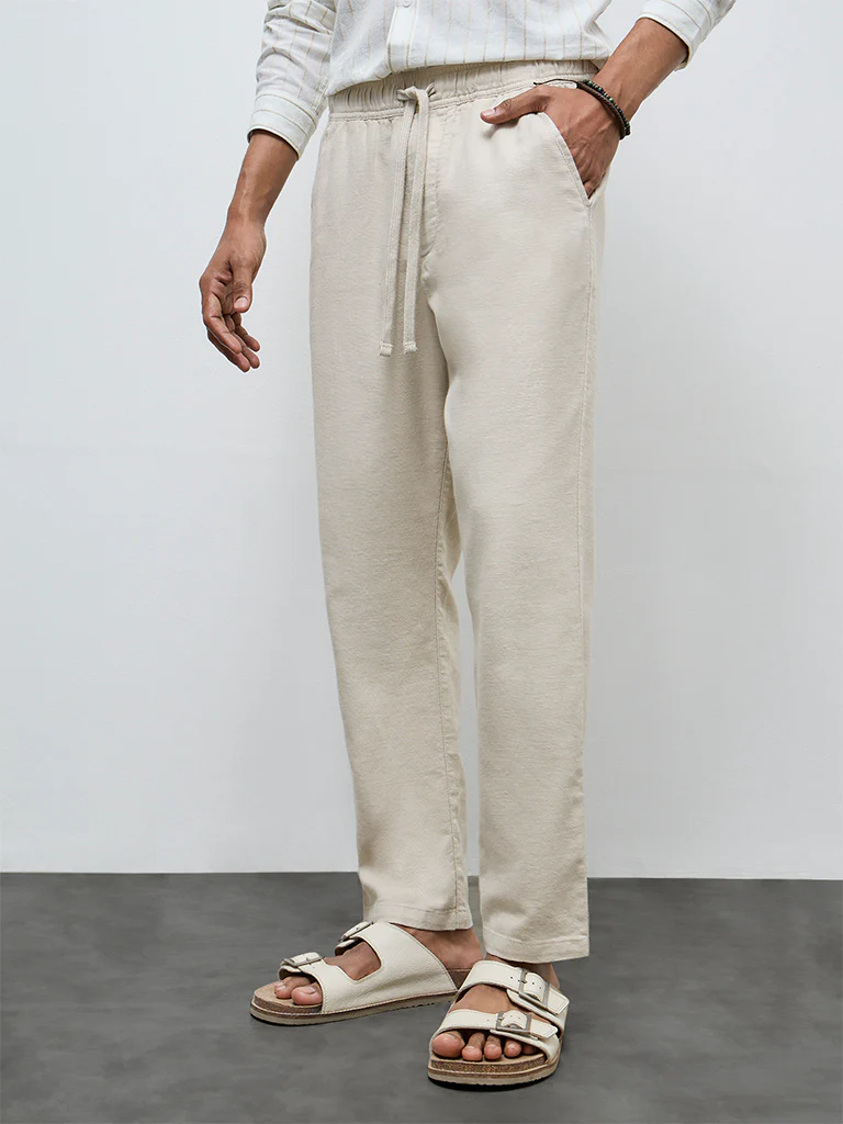 ETA Light Beige Solid Relaxed-Fit Mid-Rise Cotton Chinos - Image 3