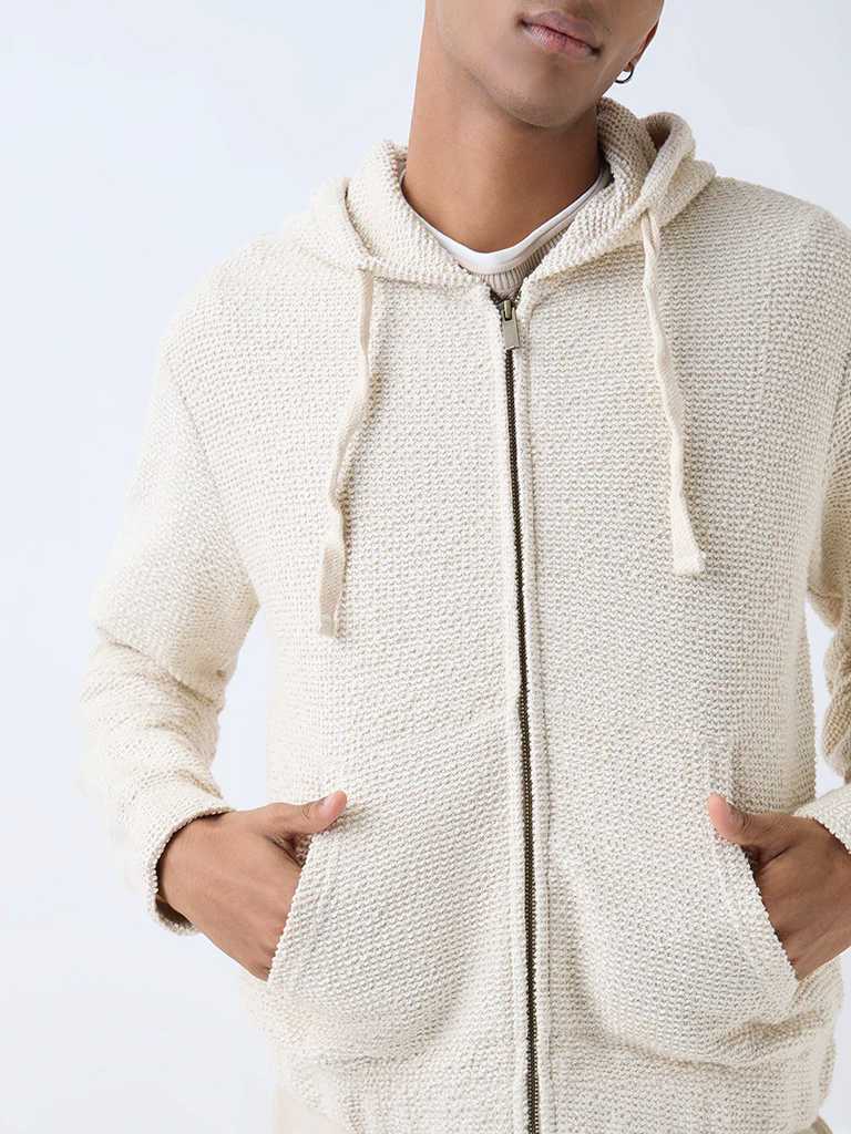 ETA Light Beige Textured Relaxed-Fit Hoodie - Image 4