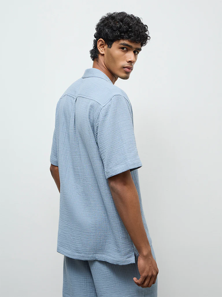 ETA Light Blue Crinkle-Textured Relaxed-Fit Cotton Shirt - Image 4