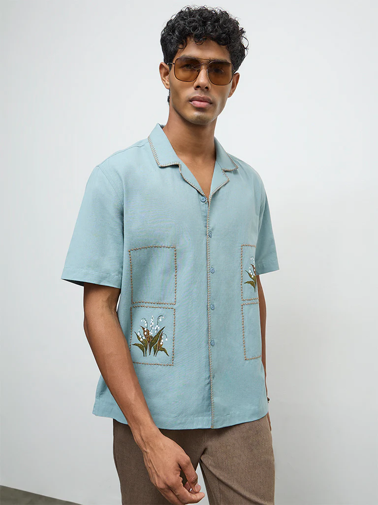 ETA Light Teal Botanical Printed Relaxed-Fit Cotton-Blend Shirt - Image 2