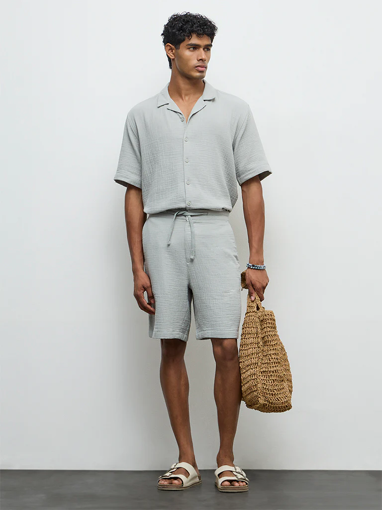 ETA Light Teal Crinkle-Textured Relaxed-Fit Mid-Rise Cotton Shorts