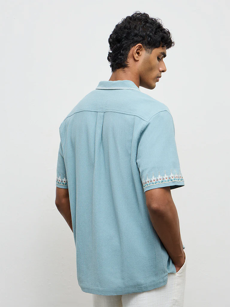 ETA Light Teal Embroidered Relaxed-Fit Cotton Shirt - Image 4