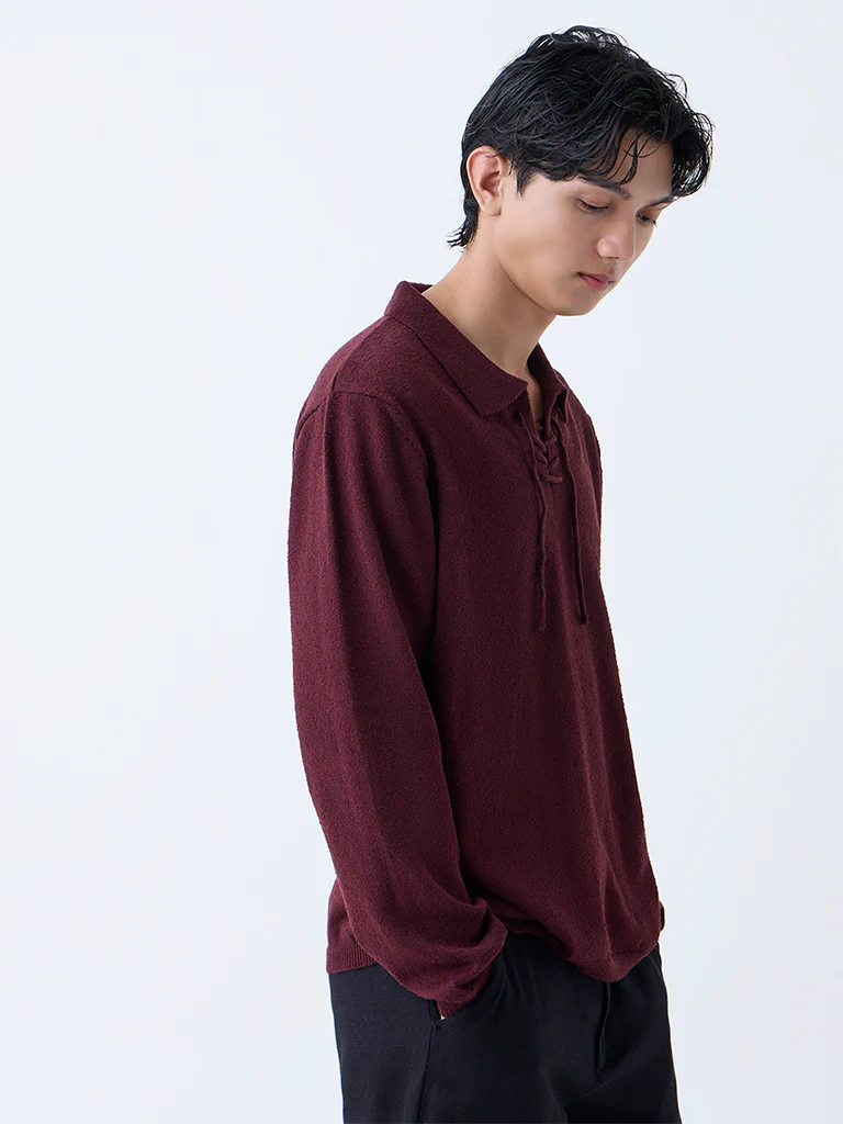 ETA Maroon Knitted Relaxed-Fit Cotton-Blend Sweater - Image 3