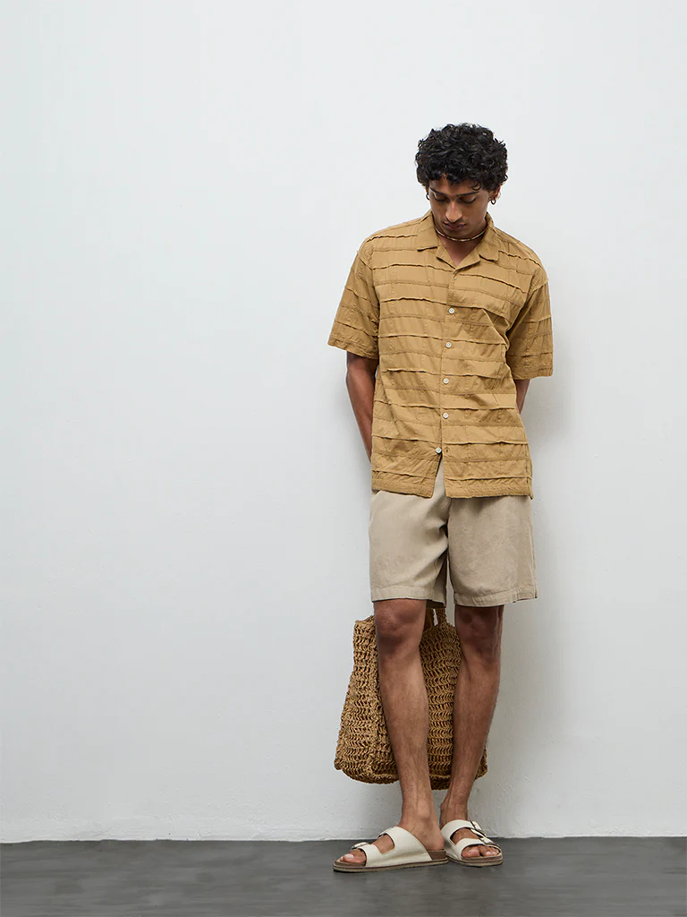 ETA Mustard Pintuck Design Relaxed-Fit Cotton Shirt - Image 5
