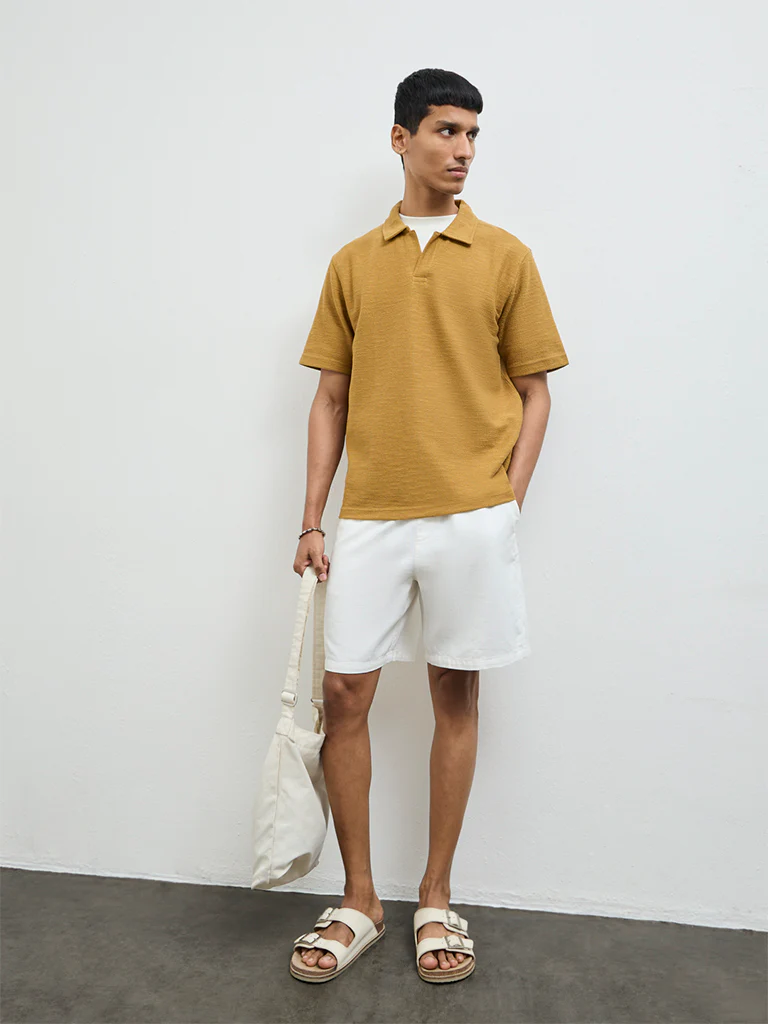 ETA Mustard Self-Textured Relaxed-Fit Cotton-Blend Polo T-Shirt - Image 3