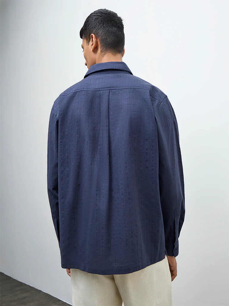 ETA Navy Embroidered Relaxed-Fit Cotton Shirt - Image 4