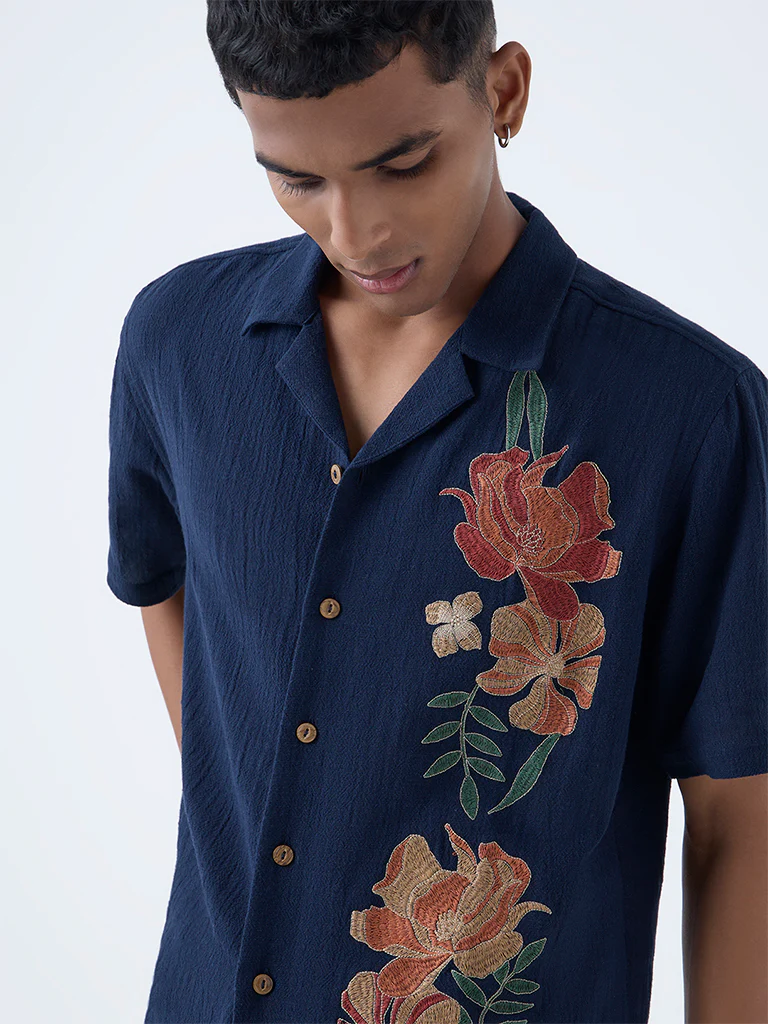 ETA Navy Floral Embroidered Relaxed-Fit Cotton Shirt - Image 3