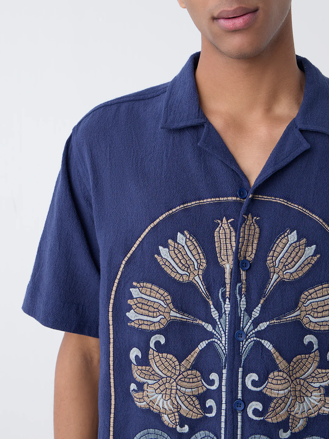 ETA Navy Floral Embroidered Relaxed-Fit Cotton Shirt - Image 3