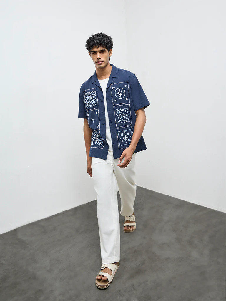ETA Navy Printed Relaxed-Fit Cotton Shirt - Image 2