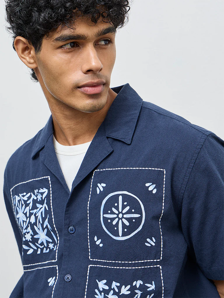 ETA Navy Printed Relaxed-Fit Cotton Shirt - Image 3