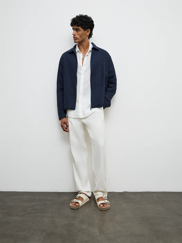 ETA Navy Relaxed Textured Relaxed Fit Cotton Jacket