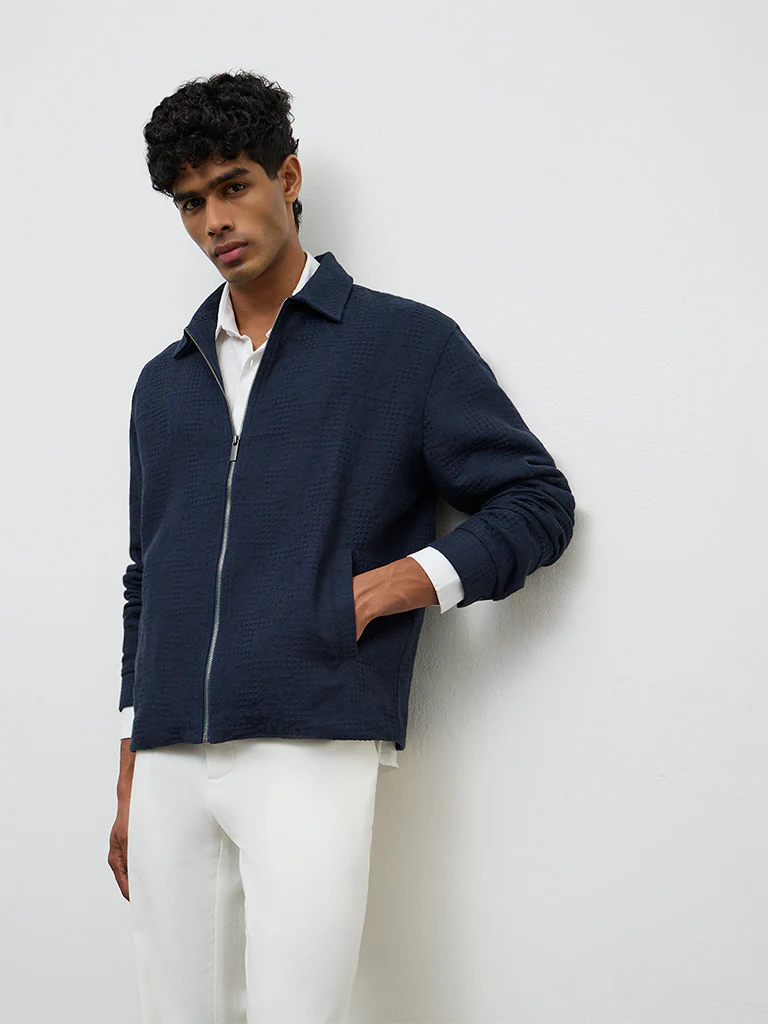 ETA Navy Relaxed Textured Relaxed Fit Cotton Jacket - Image 3