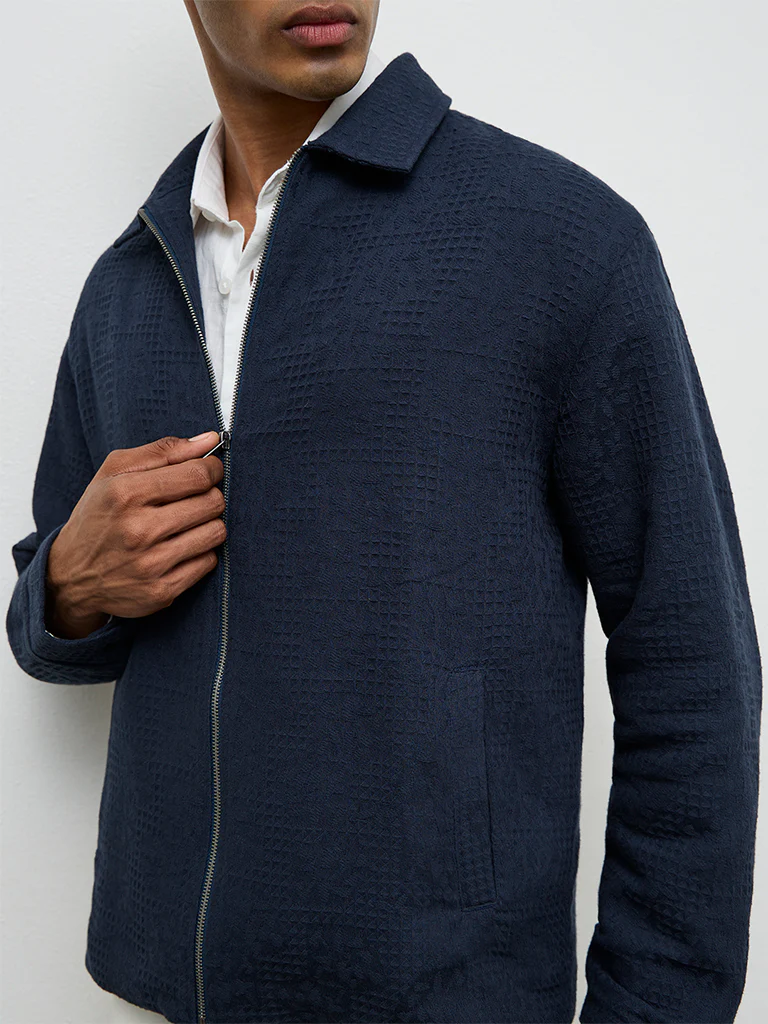 ETA Navy Relaxed Textured Relaxed Fit Cotton Jacket - Image 4