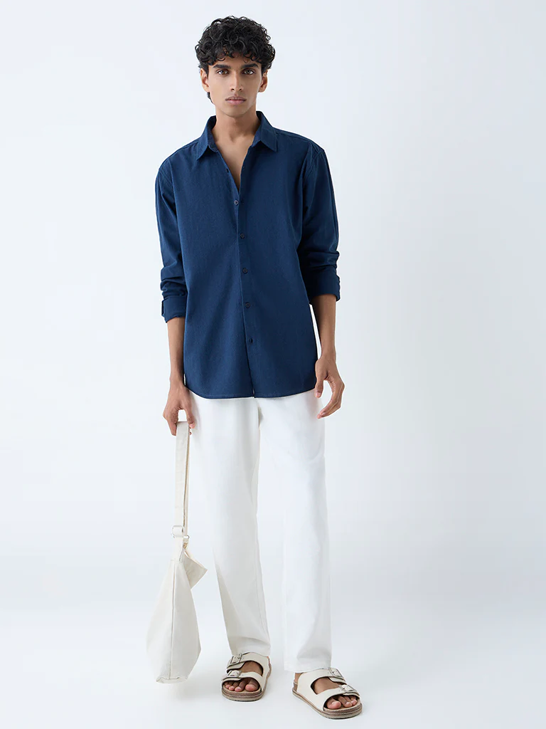 ETA Navy Solid Relaxed-Fit Cotton Shirt