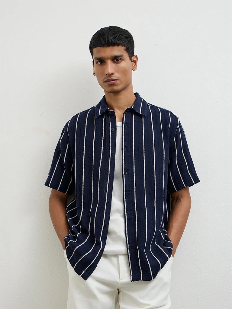 ETA Navy Stripe Relaxed-Fit Cotton Shirt