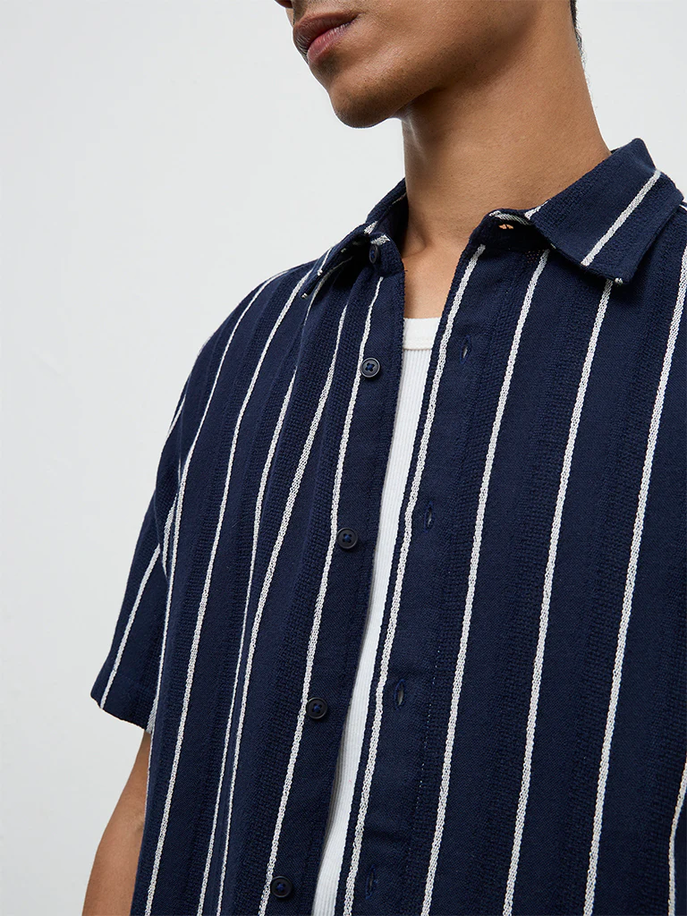 ETA Navy Stripe Relaxed-Fit Cotton Shirt - Image 4