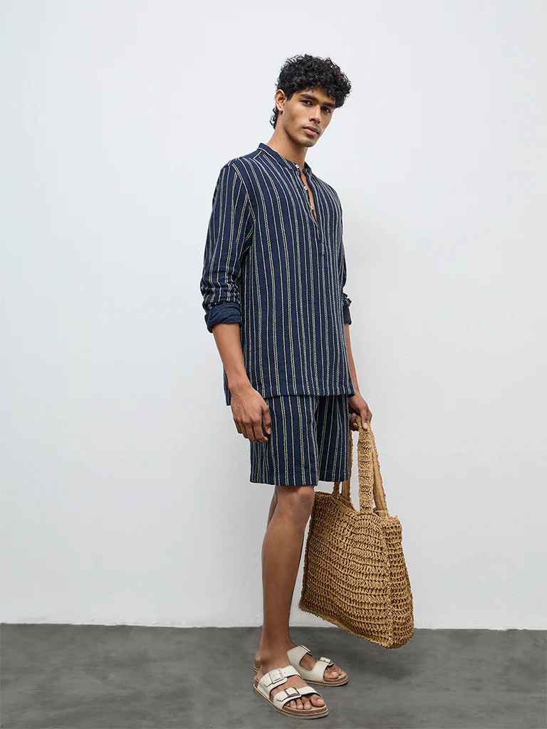 ETA Navy Striped Relaxed-Fit Cotton Shirt - Image 2