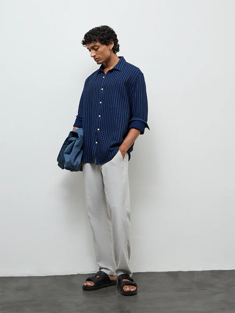 ETA Navy Striped Relaxed-Fit Cotton Shirt - Image 2