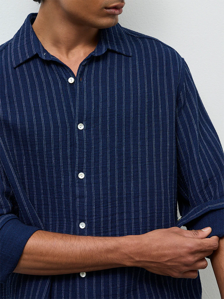 ETA Navy Striped Relaxed-Fit Cotton Shirt - Image 3
