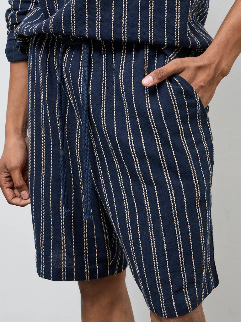 ETA Navy Striped Relaxed-Fit Mid-Rise Cotton Shorts - Image 3