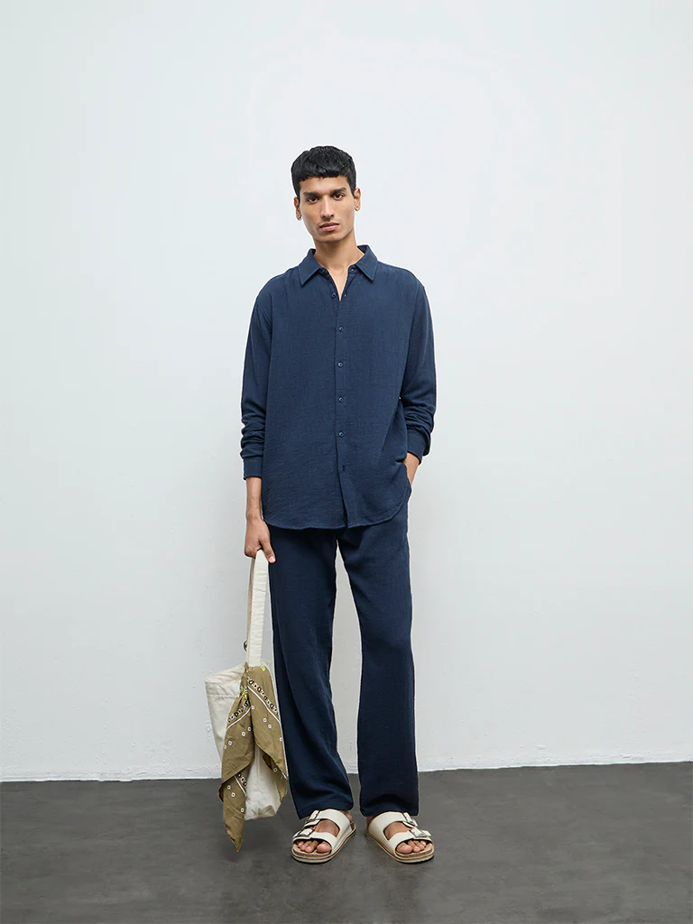 ETA Navy Textured Relaxed-Fit Cotton Shirt - Image 3