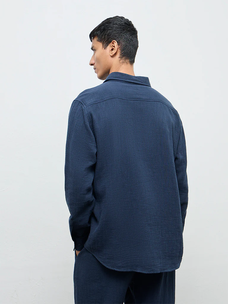 ETA Navy Textured Relaxed-Fit Cotton Shirt - Image 5