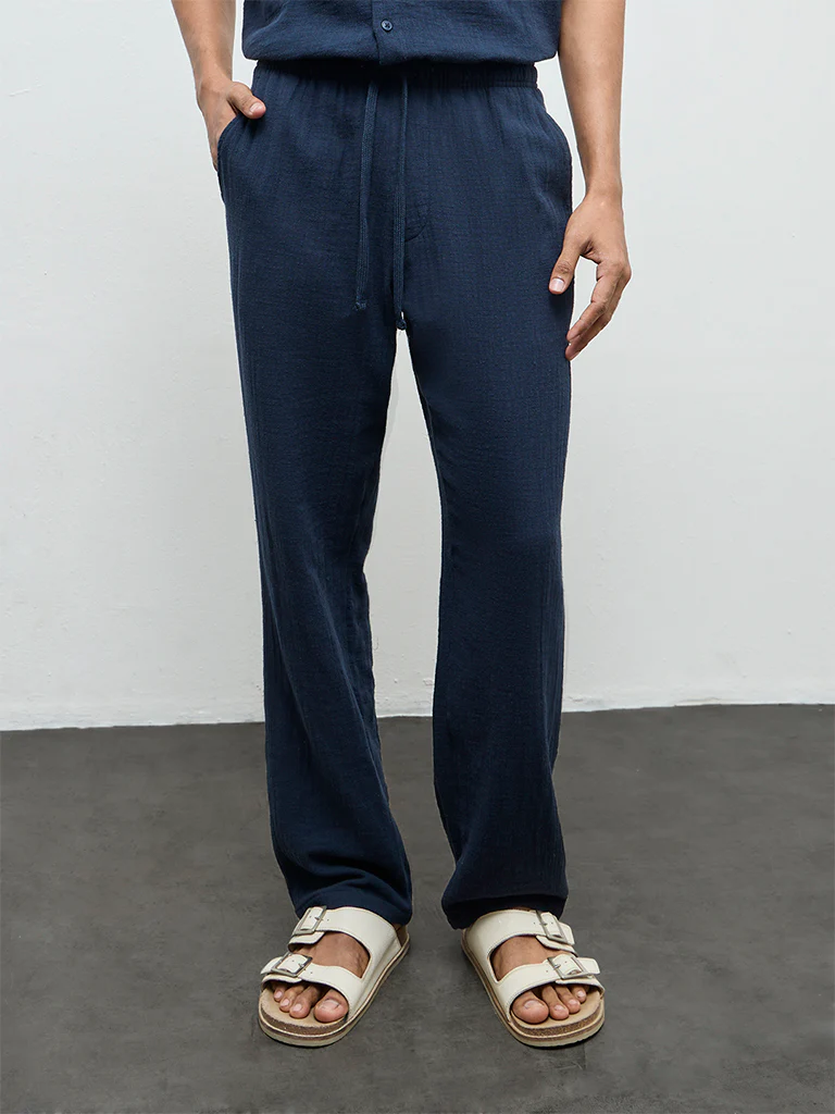 ETA Navy Textured Relaxed-Fit Mid-Rise Cotton Chinos - Image 2