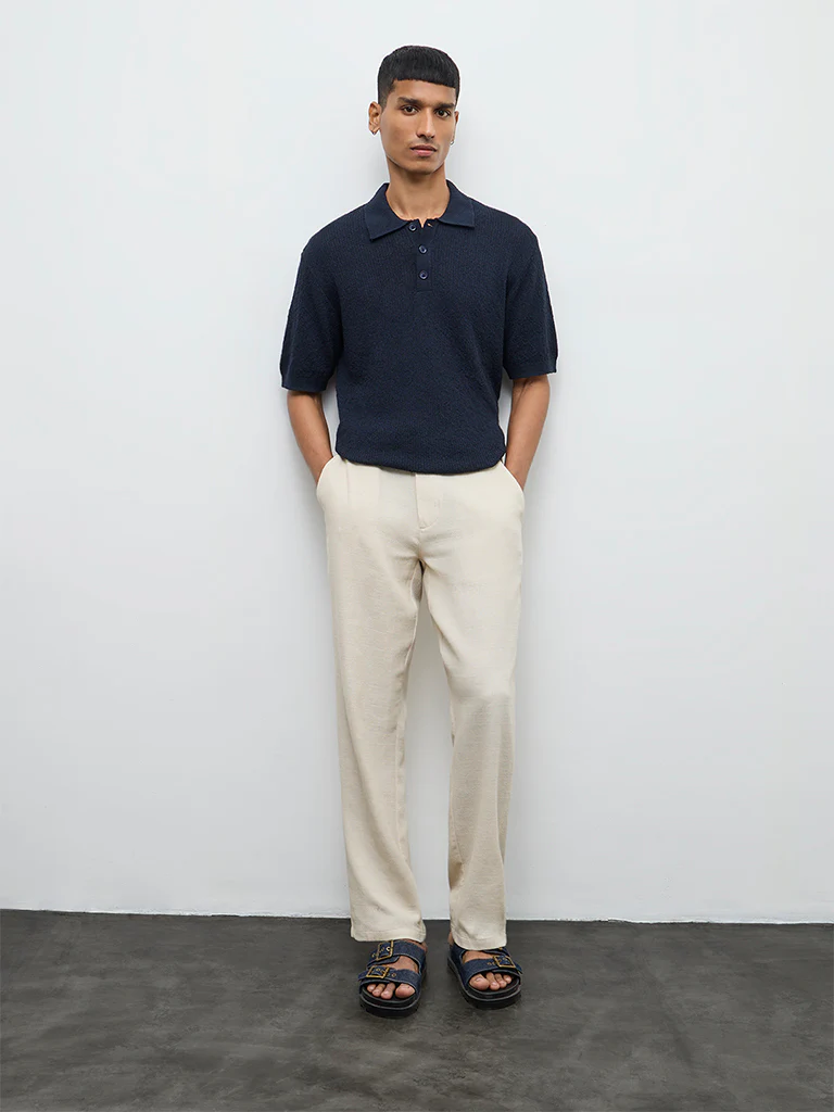 ETA Navy Textured Relaxed-Fit Polo T-Shirt - Image 3