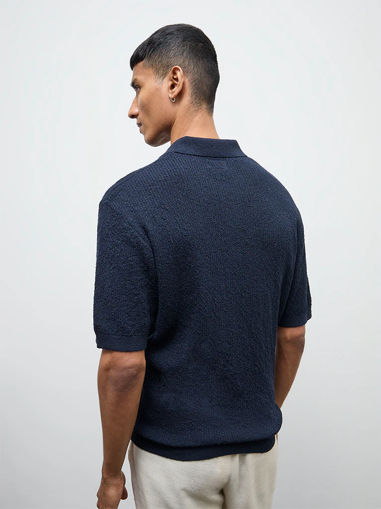 ETA Navy Textured Relaxed-Fit Polo T-Shirt - Image 5