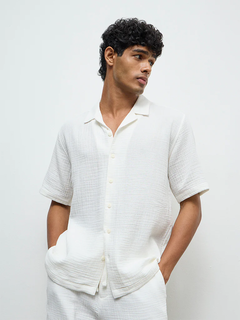 ETA Off-White Crinkle-Textured Relaxed-Fit Cotton Shirt