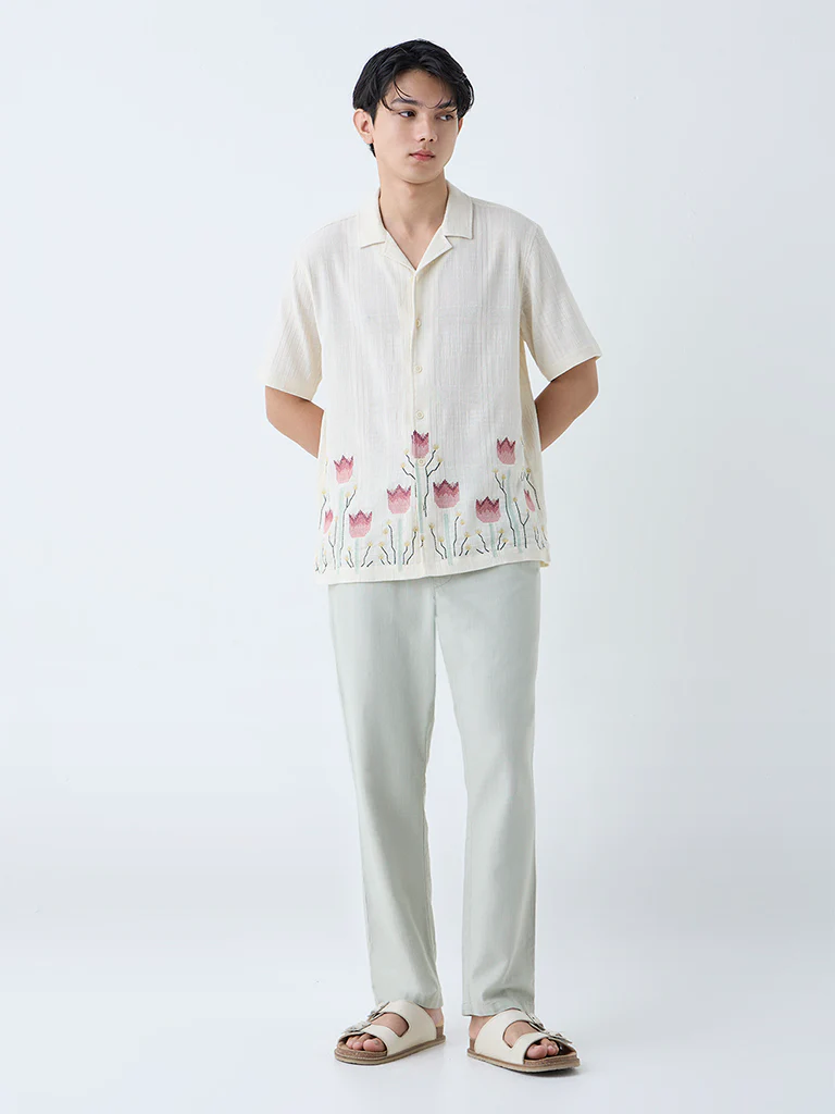 ETA Off-White Floral Embroidered Relaxed-Fit Cotton Shirt - Image 2