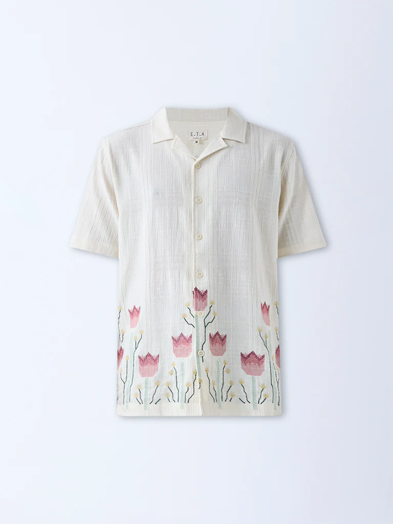 ETA Off-White Floral Embroidered Relaxed-Fit Cotton Shirt - Image 5